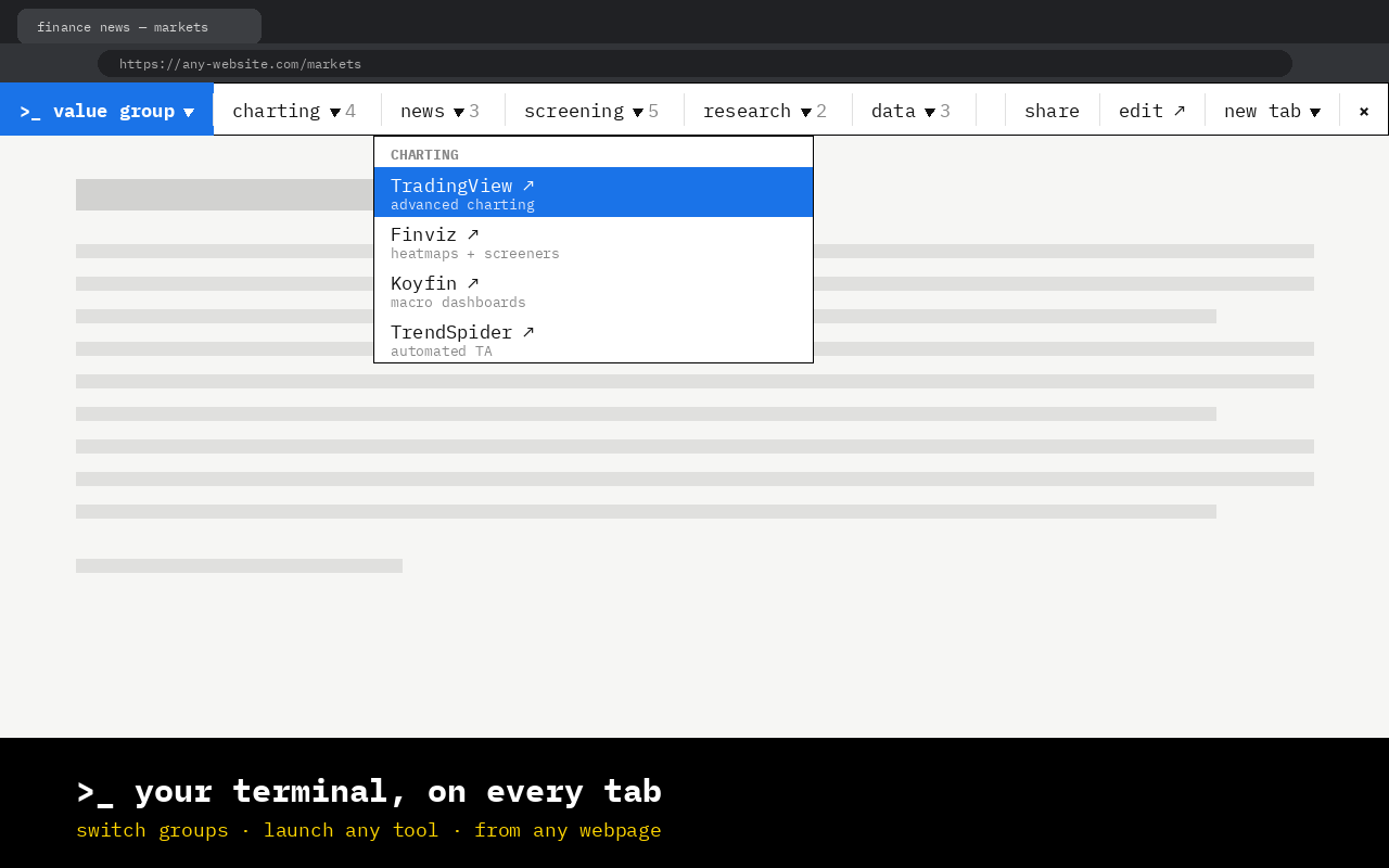 TerminalValue Personal Terminal command bar shown at the top of a webpage, with a dropdown listing charting tools like TradingView, Finviz, Koyfin, and TrendSpider.